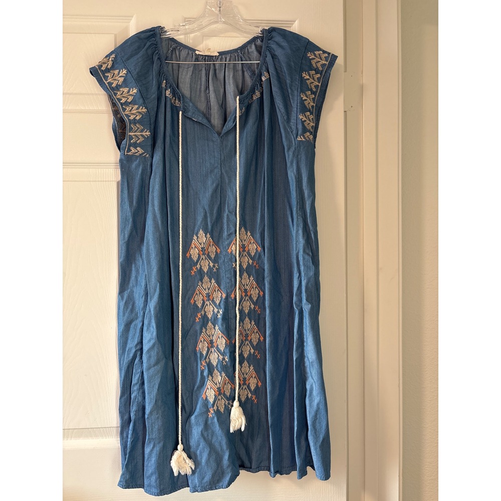 Mystree Embroidered Boho Shift Dress Womens Large Blue Excellent Tassel Detail